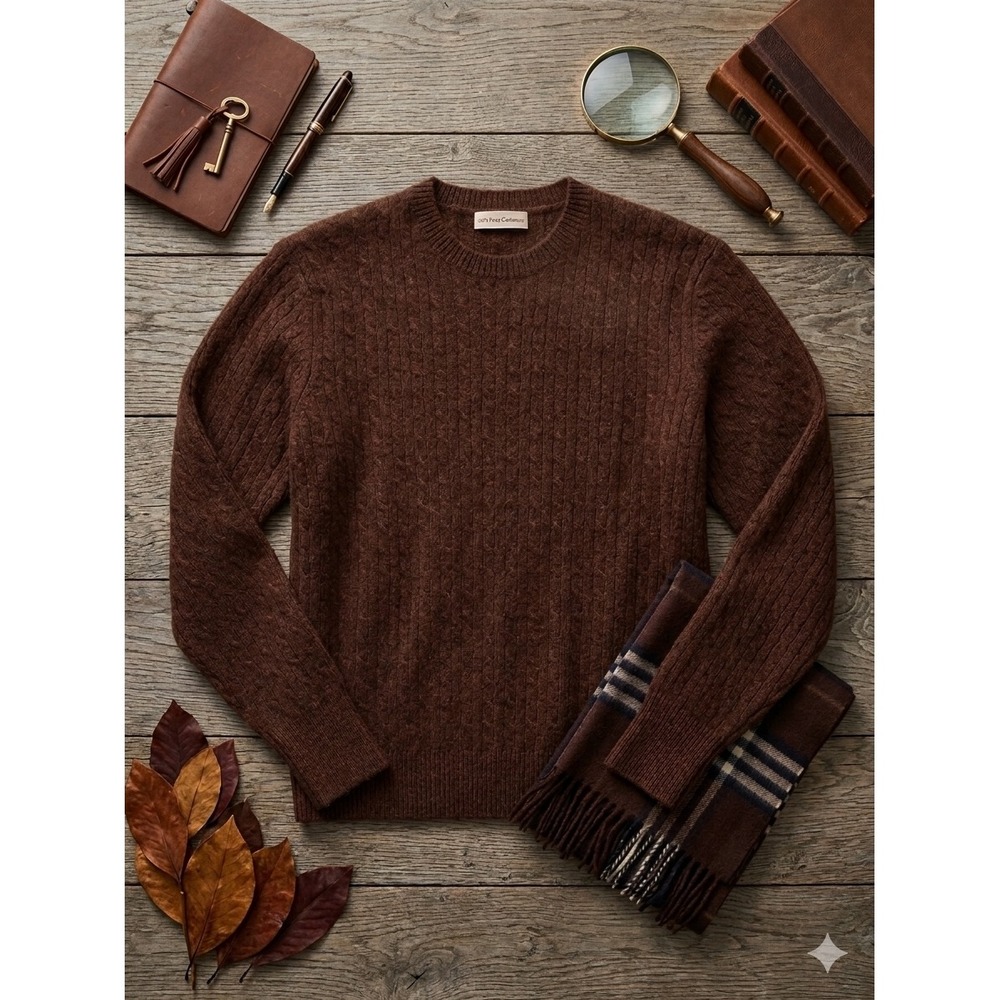 Venice 1927 Mens 100% Pure Cashmere Crewneck Sweater Brown Cable Knit XL